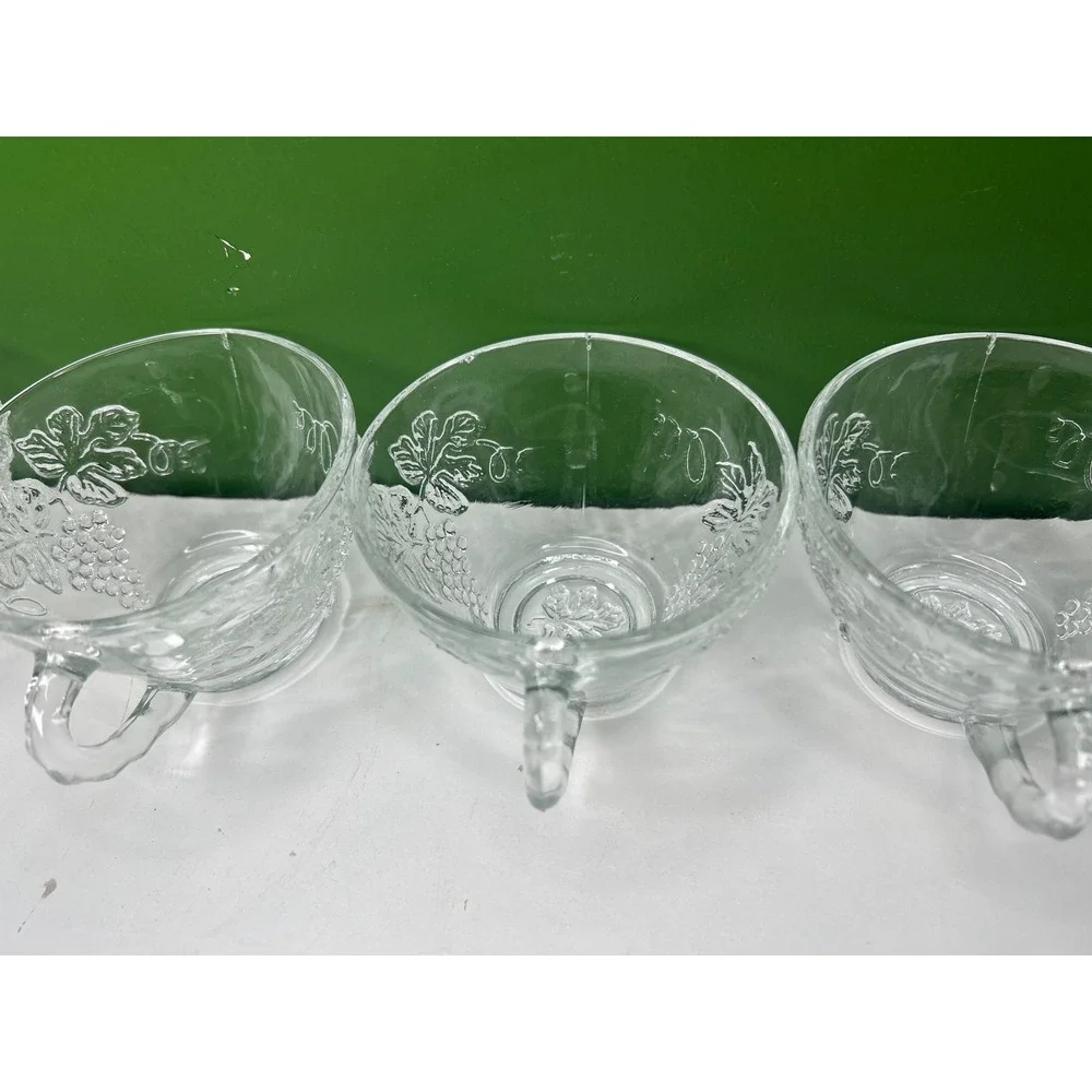 Vintage Clear Pressed Glass Grape Harvest Punch Bowl Set with 5 Cups and Ladle